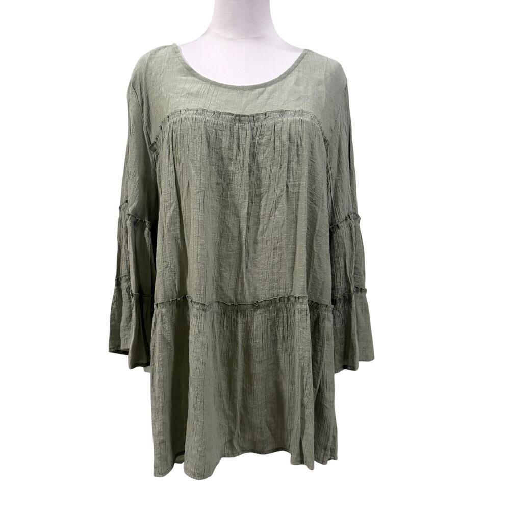 Cocomo 2X Sage Green Lagenlook Tunic Top Bell Sleeve Boho Oversized Flowy Artsy